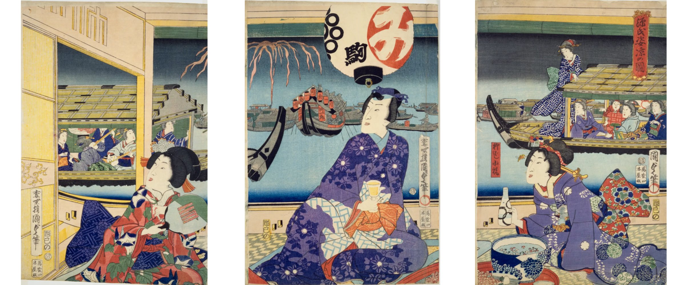 浮世絵「源氏姿涼の図」三枚続き。柳の枝と屋形船を背に、涼をとる人々が描かれている